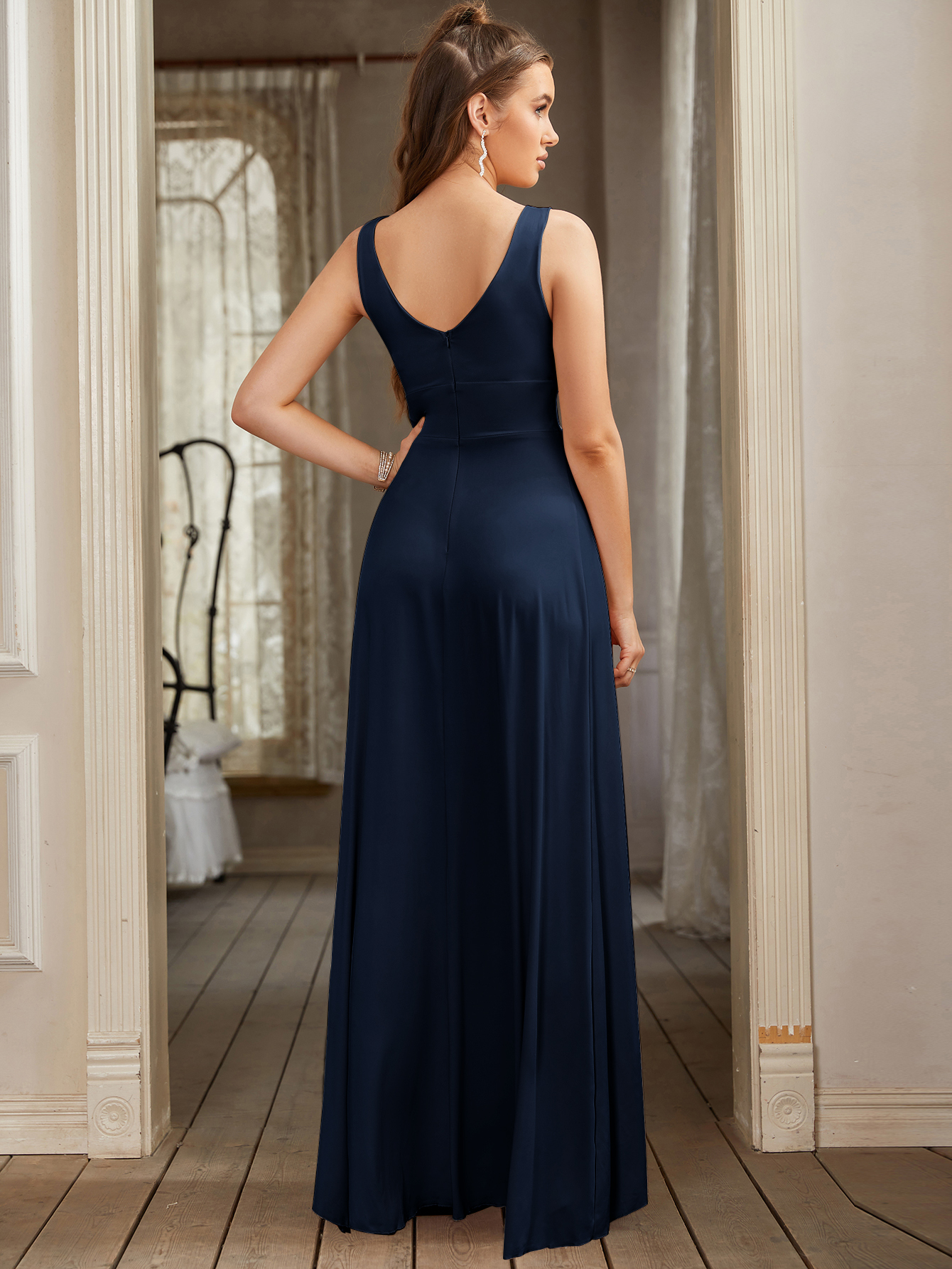 Elegant Long V-neck A-line Bridesmaid Dress with Split - YESBABYONLINE