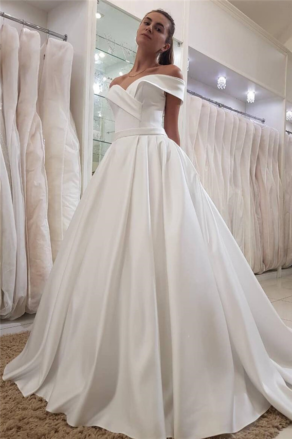 Simple Long A-line Off-the-Shoulder Sweetheart Ruffles Satin Wedding Dress - YESBABYONLINE
