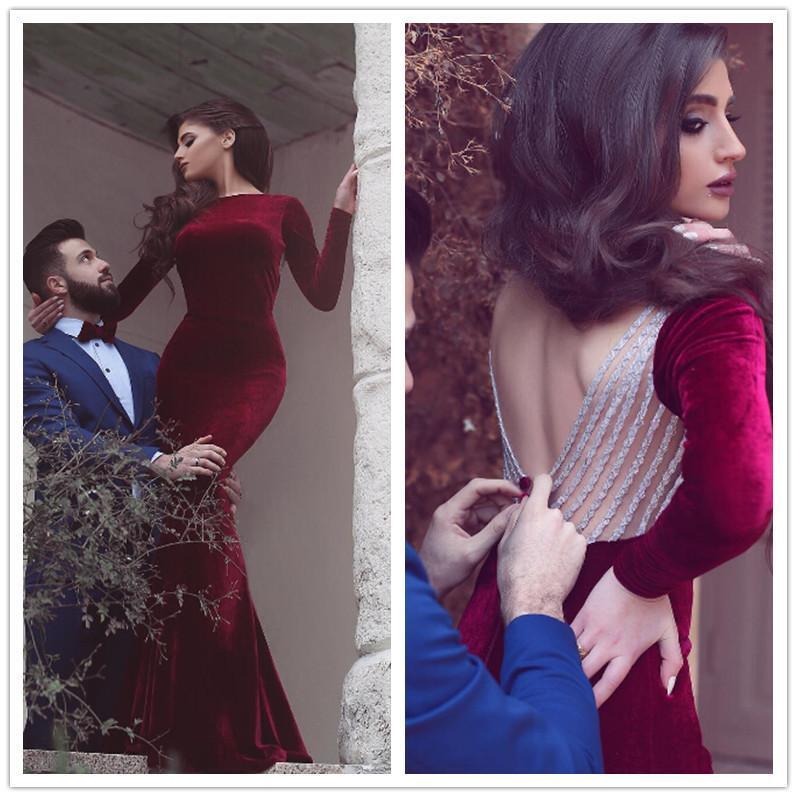 Chic Long Velvet Mermaid Backless Formal Prom Dress with Sleeves - YESBABYONLINE