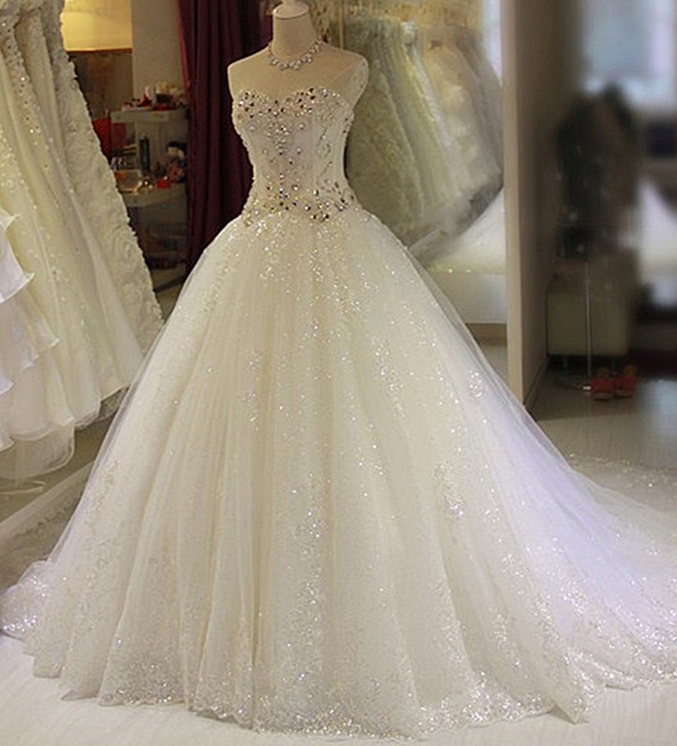 Long Ball Gown Sweetheart Sleeveless Lace Appliques Tulle Wedding Dresses - YESBABYONLINE