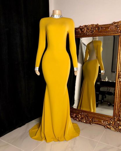 Gorgeous Yellow Long Mermaid High Neck Open Back Prom Dresses with Sleeves - YESBABYONLINE