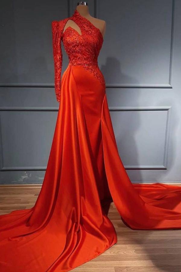 Long One Shoulder Satin Mermaid Prom Dress With Sleeves - YESBABYONLINE