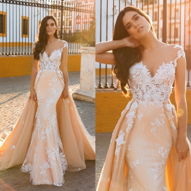 Long Mermaid Sweetheart Tulle Lace Backless Wedding Dress With Detachable Train - YESBABYONLINE