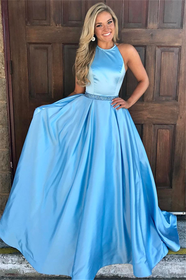 Unique Long A-Line Satin Round Neck Sleeveless Floor-Length Prom Dresses - YESBABYONLINE
