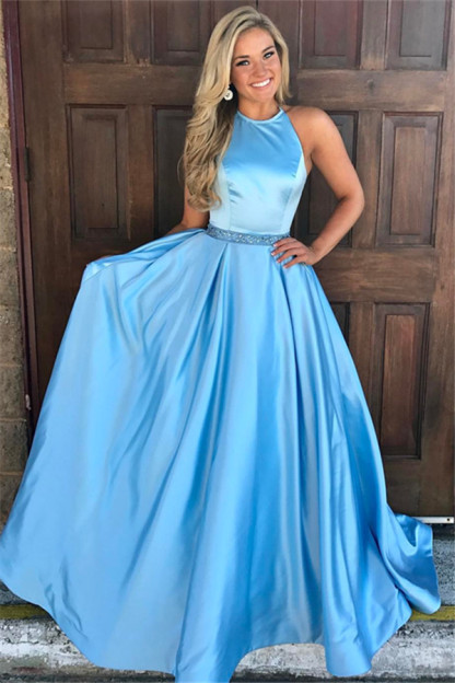 Unique Long A-Line Satin Round Neck Sleeveless Floor-Length Prom Dresses - YESBABYONLINE