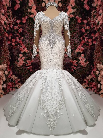 Charming Long Mermaid Sweetheart Tulle Beaded Wedding Dresses with Sleeves - YESBABYONLINE