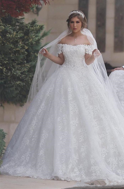 Long Ball Gown Off the Shoulder Tulle Appliques Lace White Wedding Dress - YESBABYONLINE