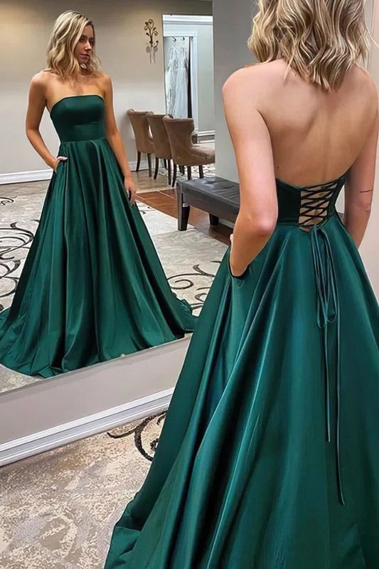 Long Strapless Backless Floor-length A-Line Ruffles Satin Prom Dress With Pockets - YESBABYONLINE