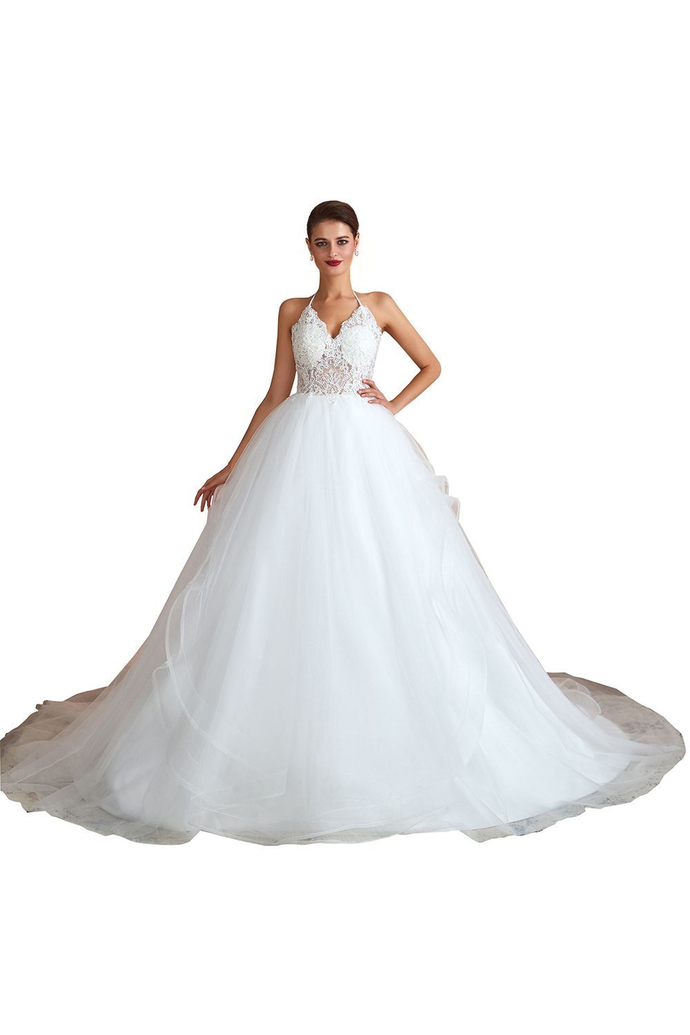 Long Ball Gown Halter Backless Tulle Lace Wedding Dresses - YESBABYONLINE