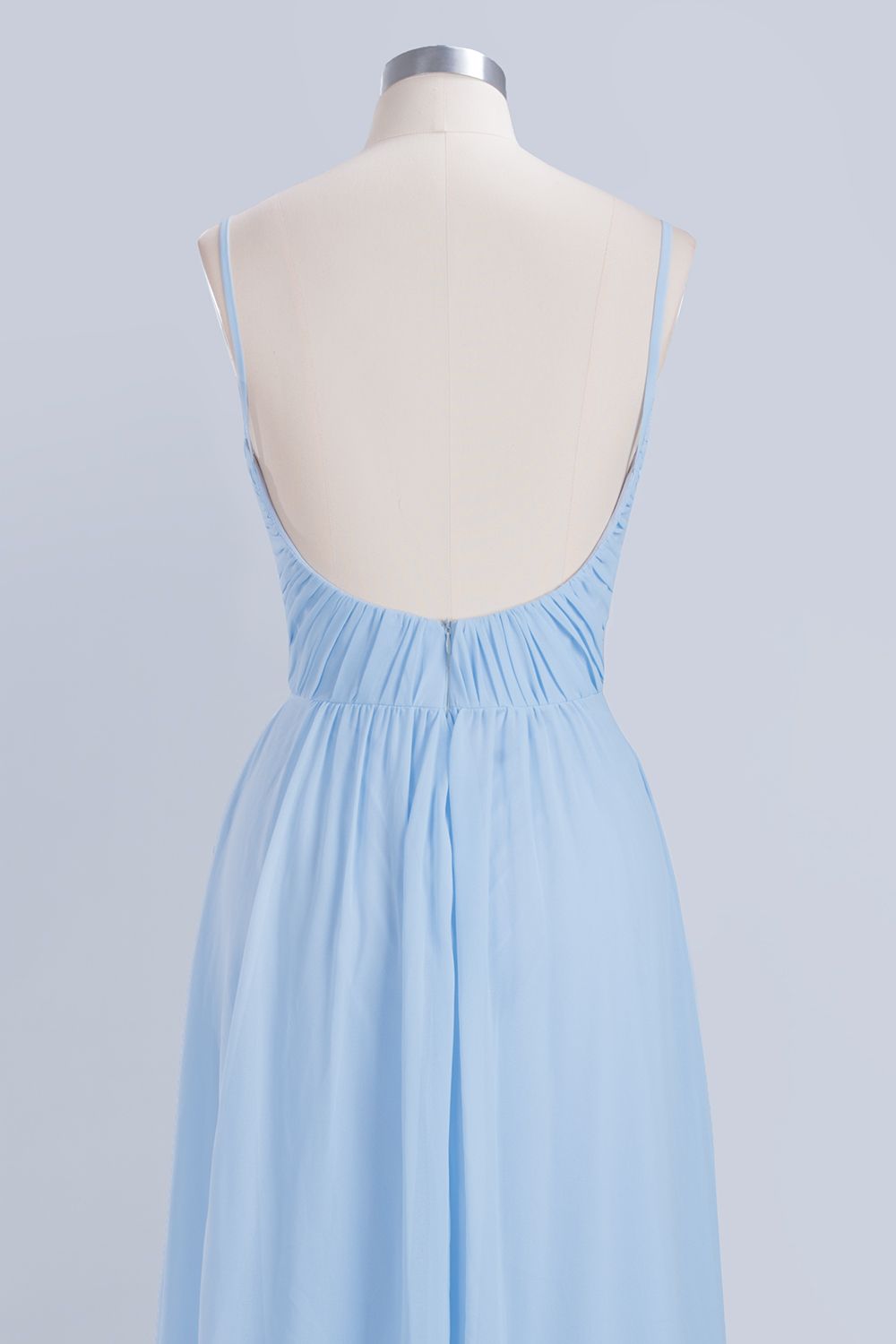 Sky Blue Long A-Line V-Neck Spaghetti Straps Floor-Length Chiffon Bridesmaid Dresses - YESBABYONLINE