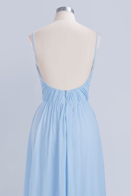 Sky Blue Long A-Line V-Neck Spaghetti Straps Floor-Length Chiffon Bridesmaid Dresses - YESBABYONLINE