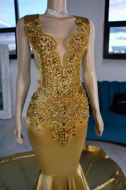 Gorgeous Gold Mermaid Satin Long Prom Dress with Beads and Rhinestones