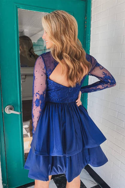 Cute Royal Blue Lace Short Party Dress with Illusion Sleeves