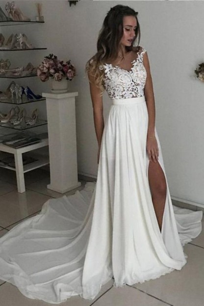 Long A-line Chiffon Lace V-neck Wedding Dress with Side Slit - YESBABYONLINE
