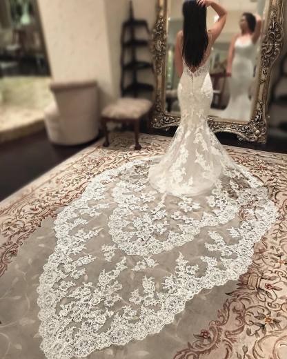 Stunning Long Spaghetti Straps Appliques Lace Mermaid Backless Wedding Dress With Train - YESBABYONLINE