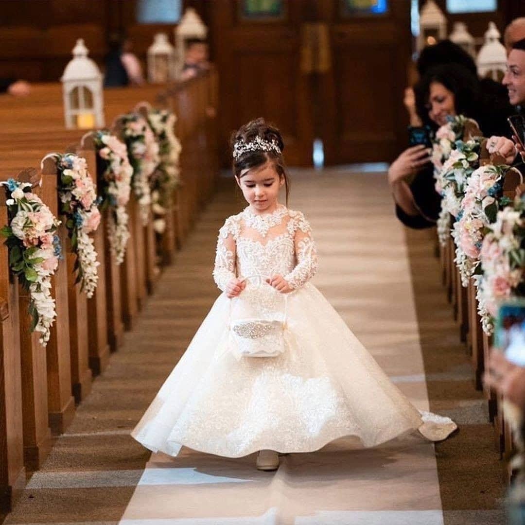 Princess A-line Sweep Train Lace Flower Girl Dresses with Long Sleeves - YESBABYONLINE