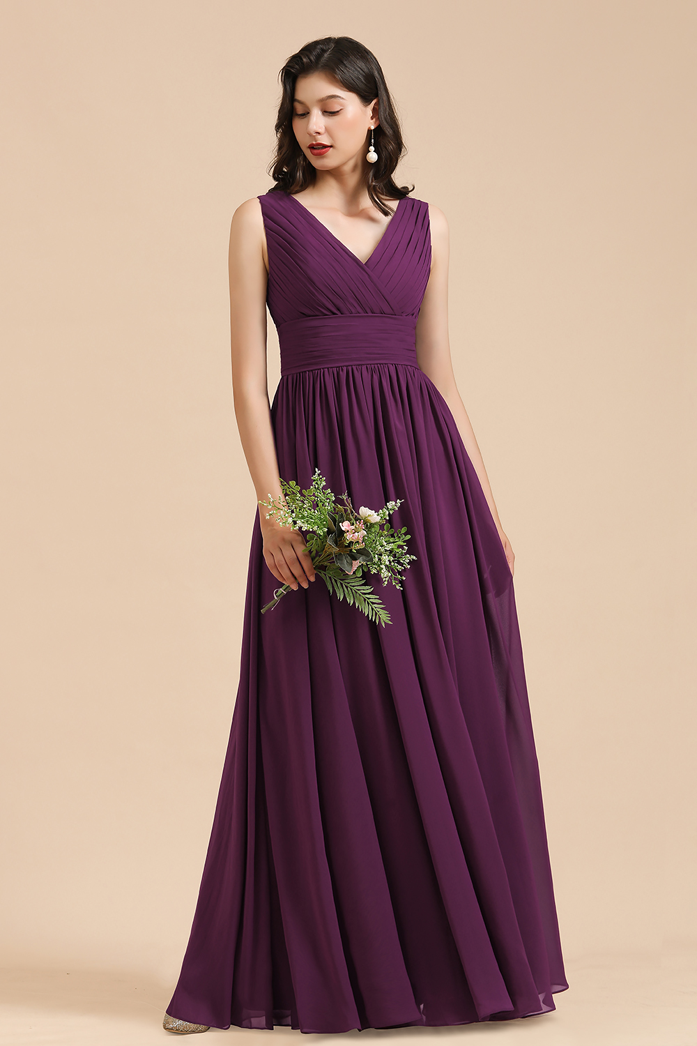 Elegant Long V Neck A Line Floor Length Chiffon Bridesmaid Dresses - YESBABYONLINE