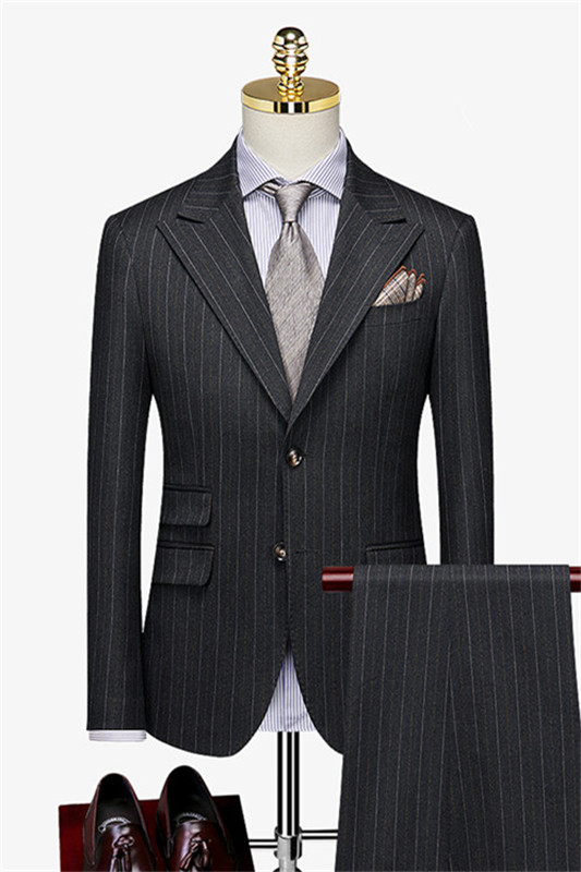 Black Striped Peaked Lapel Bespoke Double Breasted Business Suits