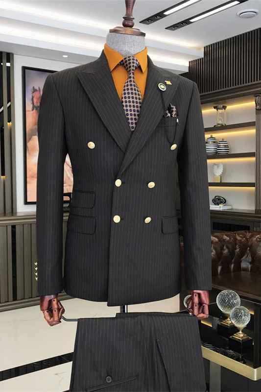 Bespoke Black Striped Double Breasted Business Men Suits