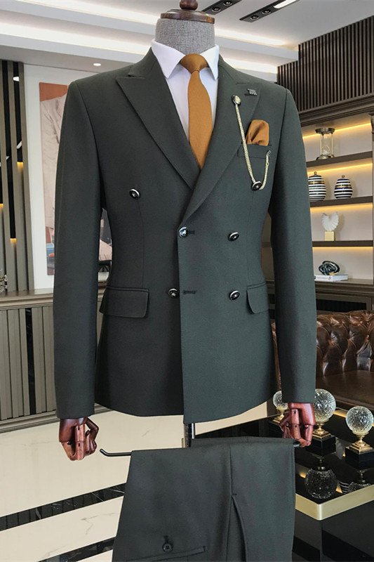 Bespoke Dark Green Peaked Lapel Silm Fit Business Men Suits