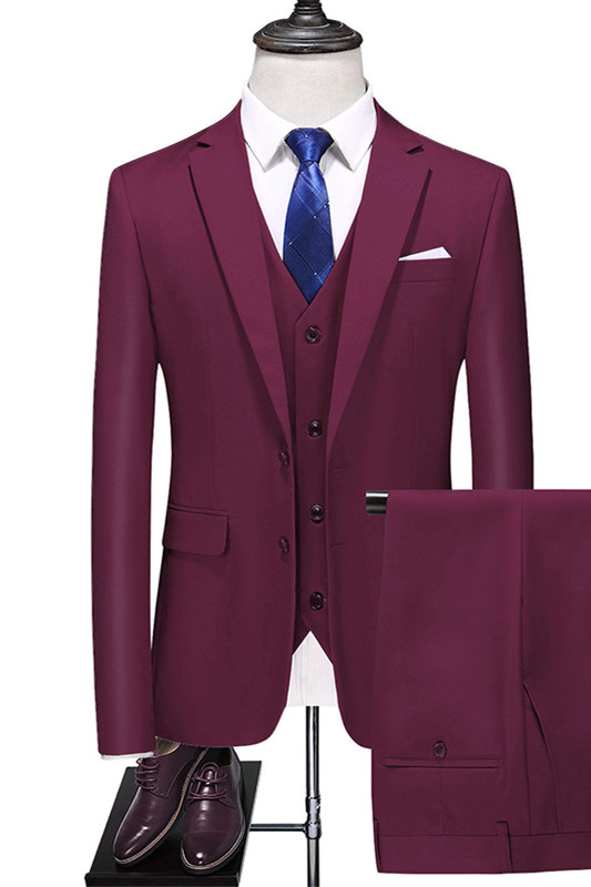 Burgundy Three Pieces Close Fitting Notched Lapel Men Suits for Business