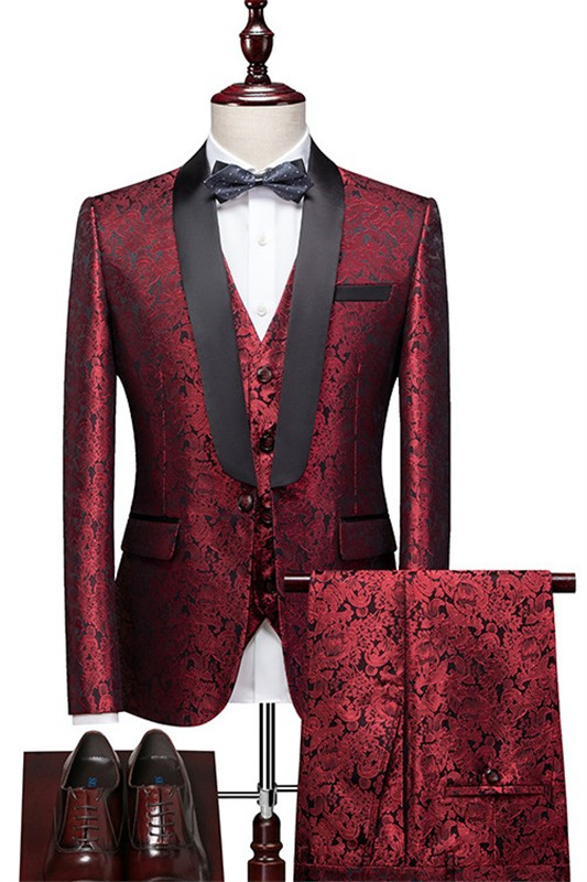 Red Jacquard Three Pieces Shawl Lapel Wedding Suits