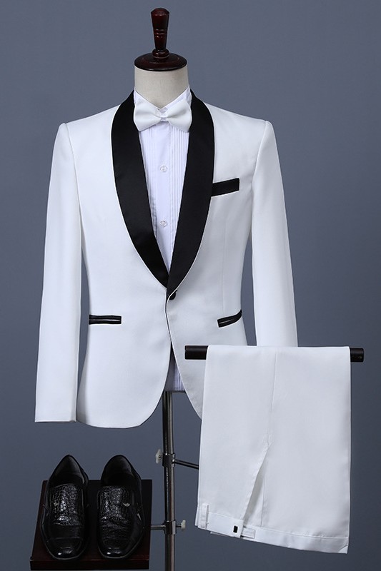 White One Button Two Pieces Prom Suits with Black Shawl Lapel