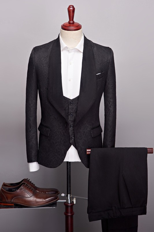 Black Jacquard Three Pieces One Button Wedding Suits for Men