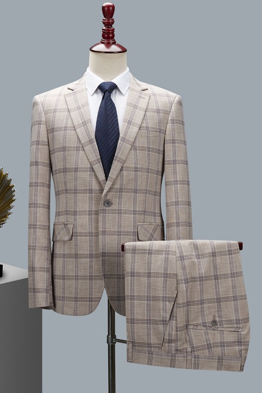 Beige Plaid Two Pieces Notched Lapel Men Suits For Business