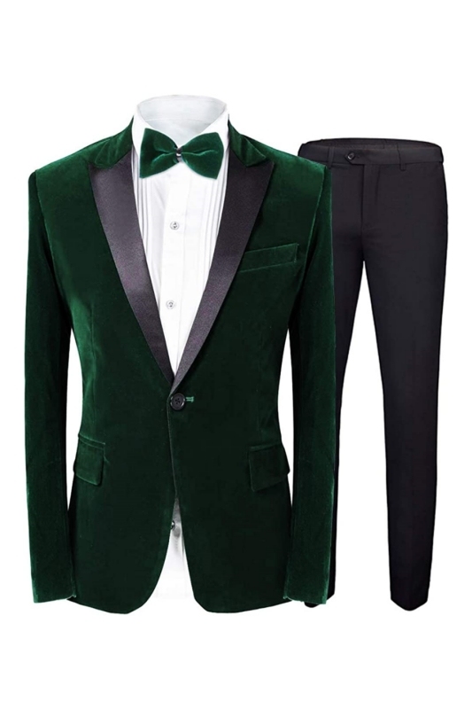 Bespoke Deep Green Peaked Lapel Slim Fit Velvet Prom Suits For Men
