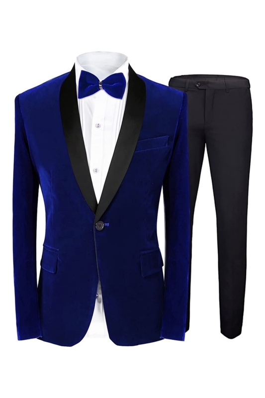 Fashion Royal Blue Shawl Lapel Two Pieces Velvet Suits For Men