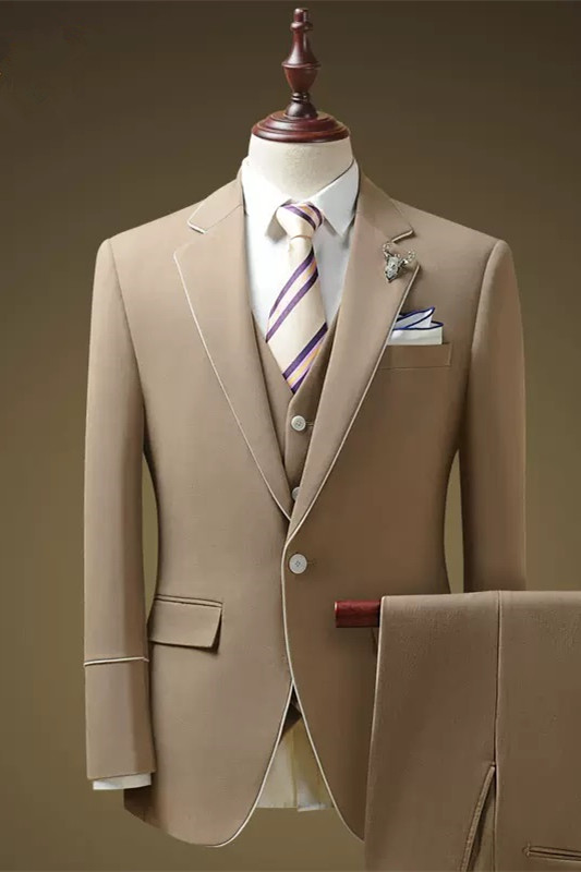 Fancy Khaki Notched Lapel Three Pieces Prom Suits For Men