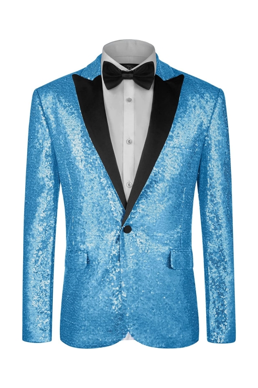Chic Light Blue Peaked Lapel Sequins Prom Suits For Men