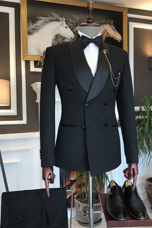 Fancy Black Double Breasted Shawl Lapel Wedding Men Suits