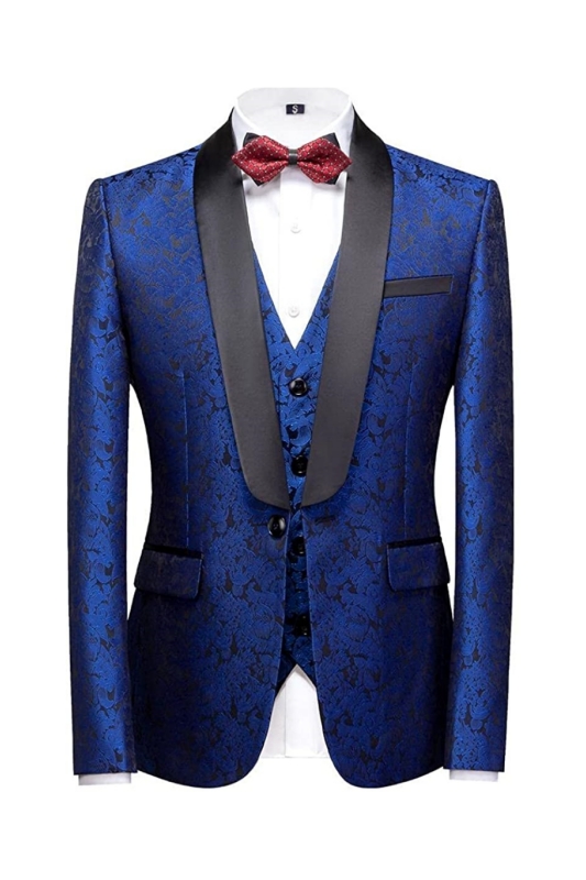 Chic Royal Blue Three Pieces Jacquard Men Suits For Wedding