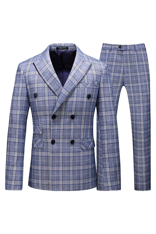New Arrival Light Blue Double Breasted Plaid Men Suits For Business