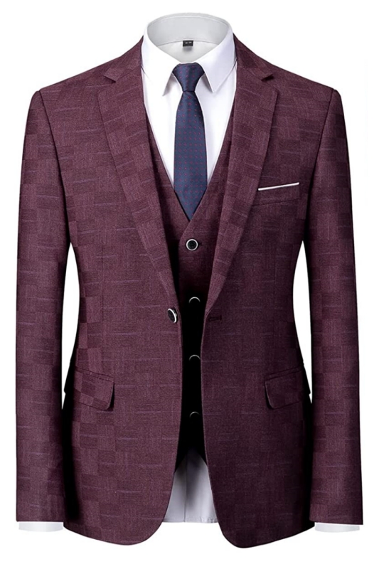Chic Burgundy Plaid Notched Lapel Three Pieces Business Suits For Men