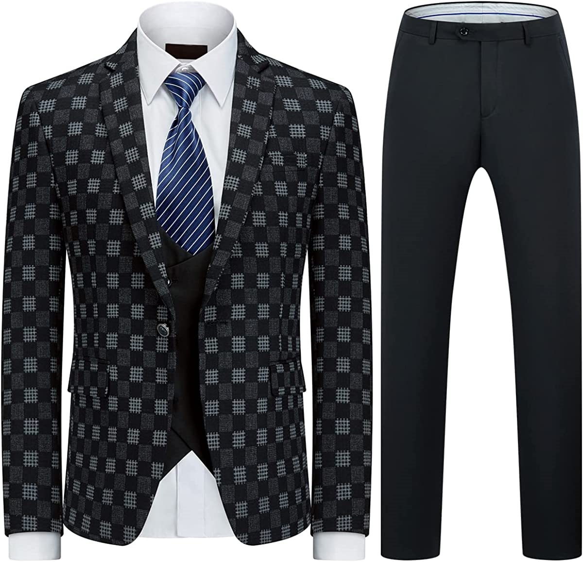 Fancy Black And Gray Plaid Three Pieces Men Suits For Business