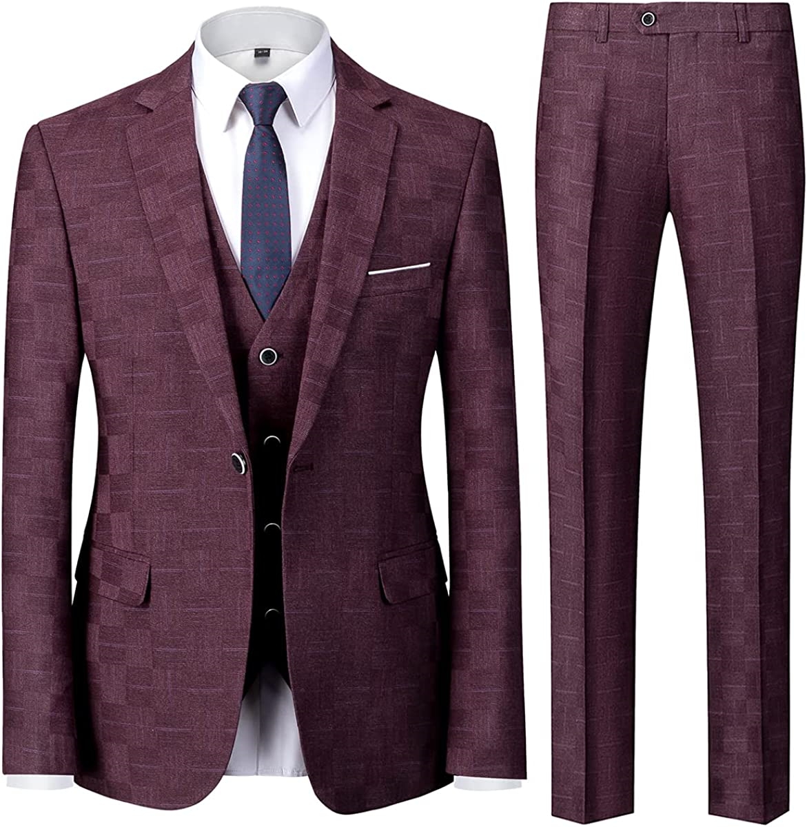 Chic Burgundy Plaid Notched Lapel Three Pieces Business Suits For Men
