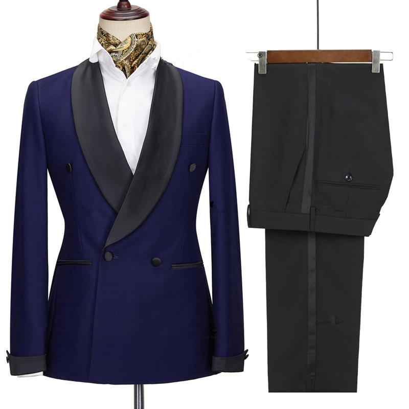 Newest Navy Blue Wedding Suits With Black Shawl Lapel
