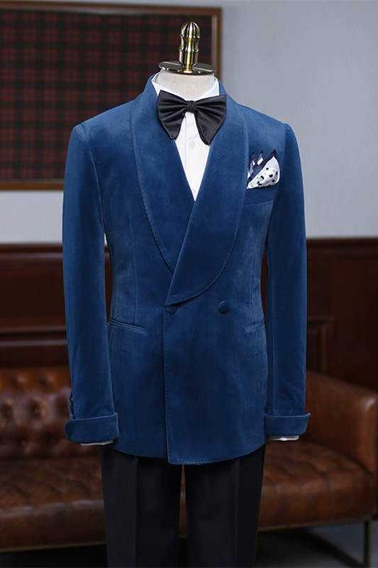 Bespoke Navy Blue Shawl Lapel Velvet Men Suits For Wedding