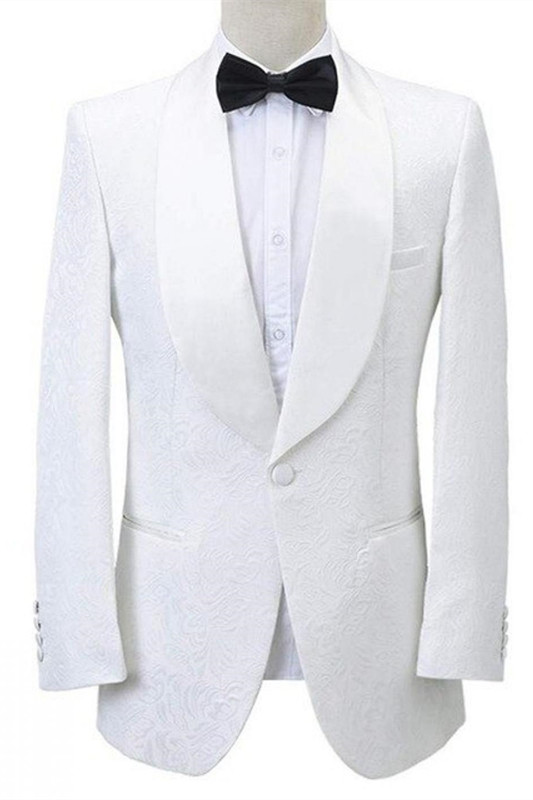 Bespoke White Shawl Lapel Jacquard Men Suits For Wedding