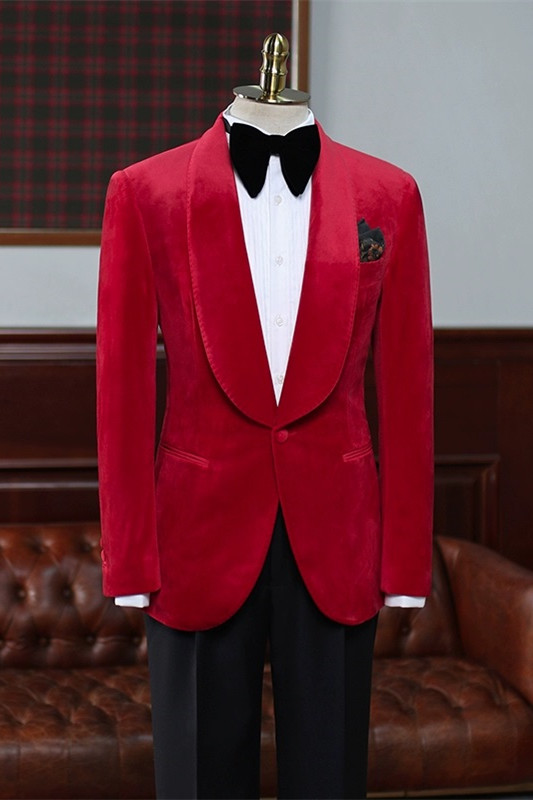 Fashion Red Shawl Lapel Velvet Wedding Suits For Men