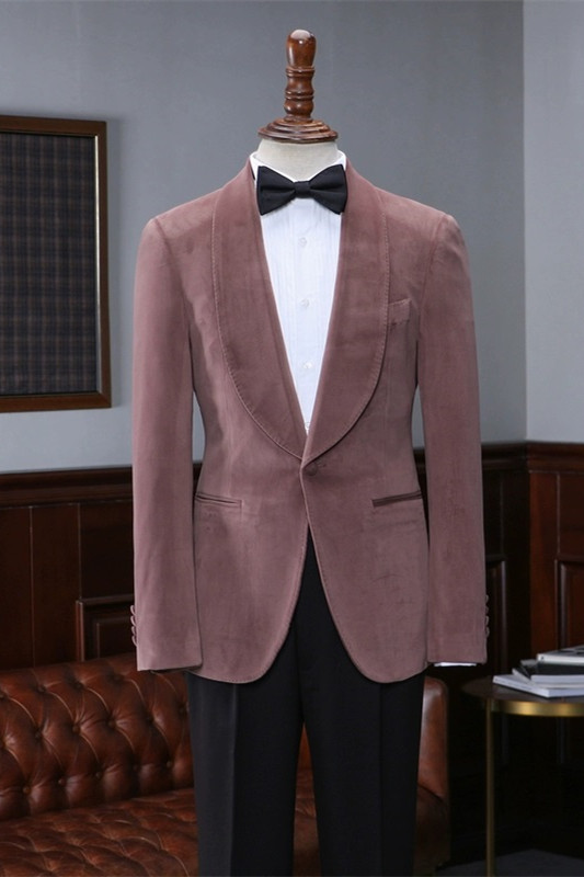Velvet Dusty Pink Shawl Lapel Close Fitting Men Suits For Wedding