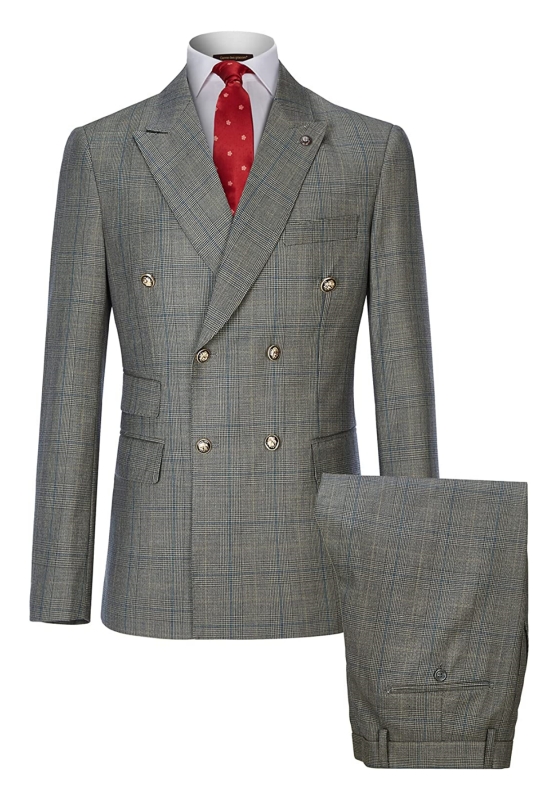Formal Gray Double Breasted Plaid Business Suits For Men