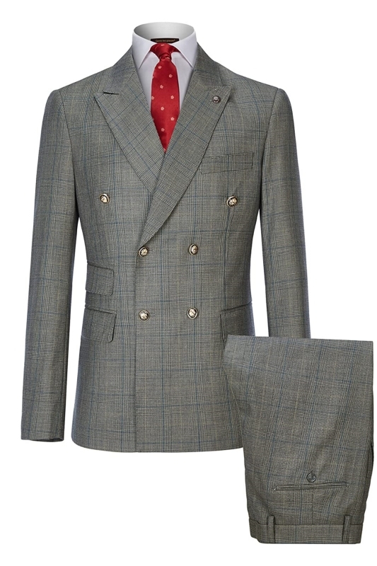 Formal Gray Double Breasted Plaid Business Suits For Men