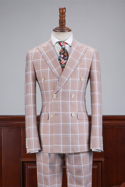 Fancy Light Pink Peaked Lapel Plaid Men Suits For Business