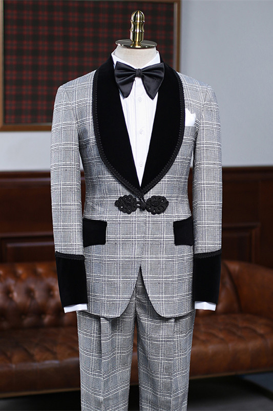 Chic Gray Shawl Lapel Plaid Men Suits For Wedding