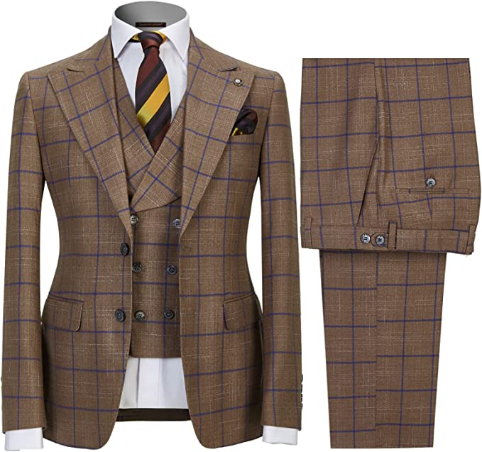 Formal Khaki Peaked Lapel Three Pieces Plaid Men Suits For Business