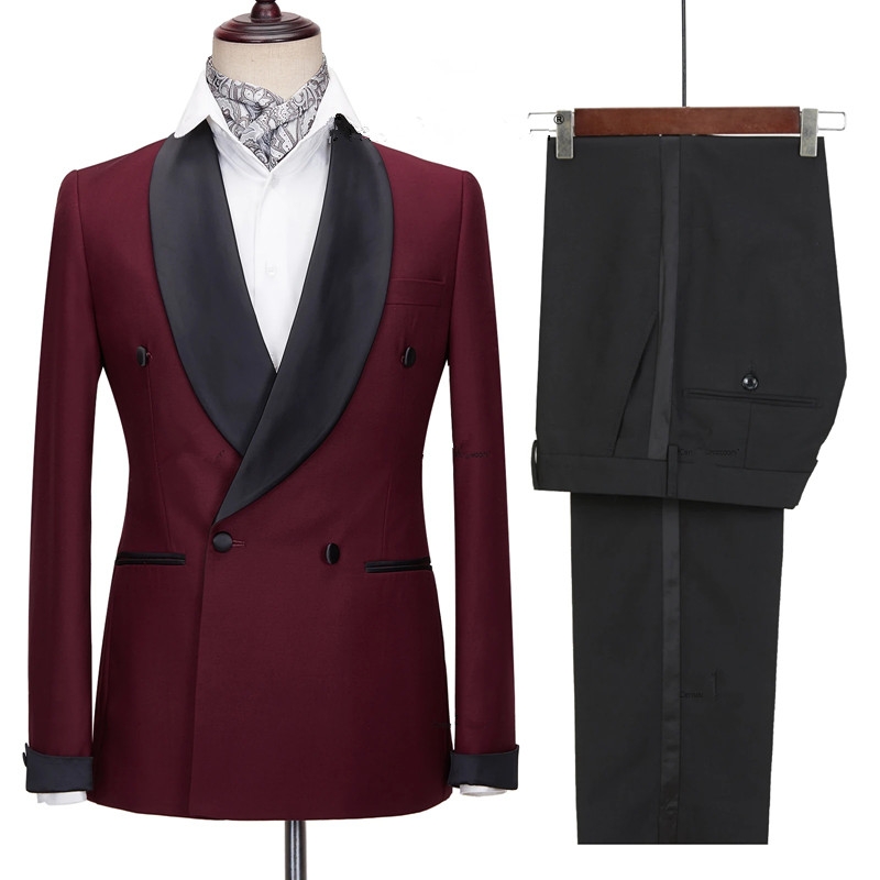 Burgundy Slim Wedding Suits With Black Shawl Lapel